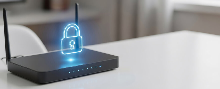 Wireless router with a glowing padlock icon on top. Concept of internet security, private network protection, and cyber safety for home or office.