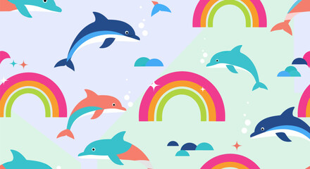 Playful pattern colorful dolphins, rainbows, simple shapes on light background