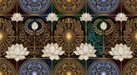 Lotus flowers amid ornate, patterned tiles create an elegant design
