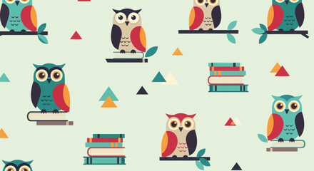Pattern of colorful owls, books and triangles on a light background