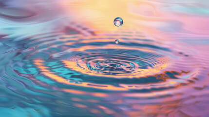 "A single water droplet creates serene ripples across a surface, reflecting vibrant hues of orange, pink, and blue, evoking a mesmerizing sense of calm and intricate natural beauty."