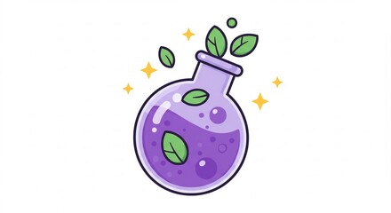 魔法の薬, フラスコ, 葉, 輝き, イラスト