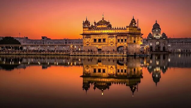Golden Temple Reflection at Sunset in Amritsar India with Orange Sky and Calm Water