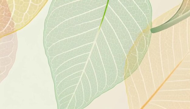 A close-up of translucent skeleton leaves in vibrant pastel shades of pink, green, yellow, and orange. The composition emphasizes fine vein details, with some leaves in sharp focus and others softly