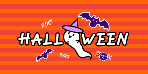 Happy Halloween colorful flat geometric vector banner. Cute cartoon card or web banner with funny characters. Great for decoration, poster, cover, ads