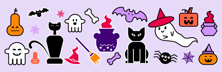 A spooky Halloween sticker set featuring a skull, pumpkin, ghost, spider, bat, skeleton, black cat, and broom. Cute and scary holiday clipart collection, perfect for decorations, invitations, cards