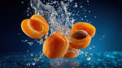 Ripe apricot slices splashing water with clear droplets suspended midair vivid detail natural light refreshing beverage concept photography composition