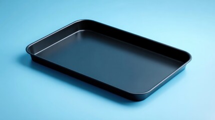 A black pan sits on a blue surface. The pan is empty and has a shiny, reflective surface