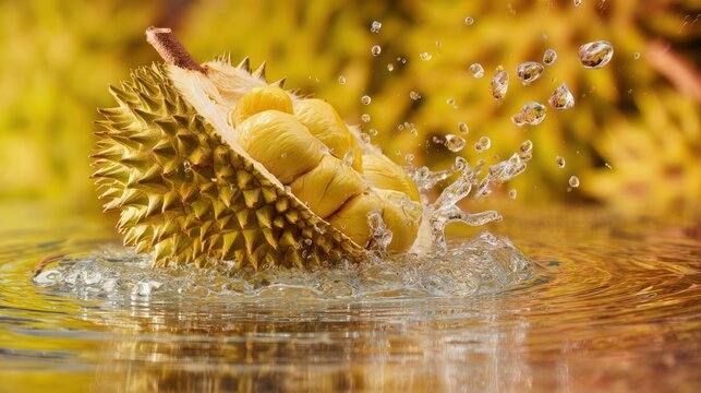 Opened durian dropping into a pool of water ripples and droplets exotic food theme