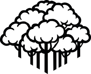 Vector art of stylized black and white illustration of a dense cluster of trees with thick trunks and fluffy canopies for a logo 