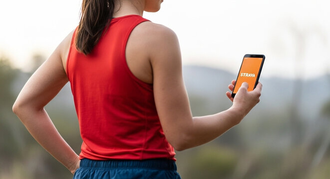 A runner woman hold a smartphone with one hand open strava app