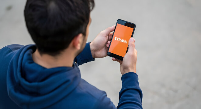 A runner man hold a smartphone open strava app