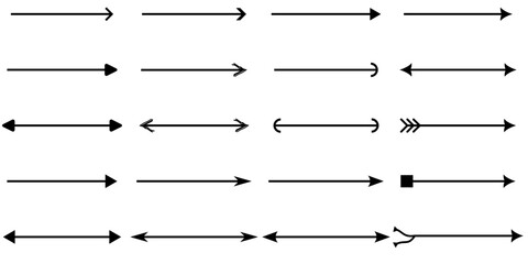 A collection of various arrow symbols, including single-headed, double-headed, and decorative arrowheads, arranged in rows.