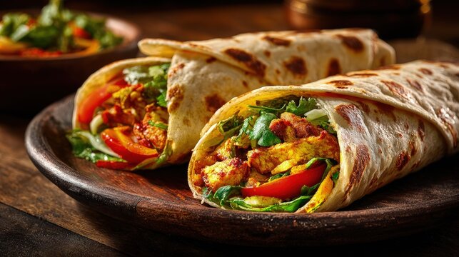Vibrant Traditional Indian Food Kathi roll colorful spices fresh veggies wrapped in paratha rustic wooden table warm lighting appetizing close-up