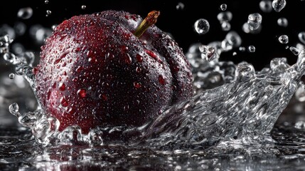 A single fresh Indian Prune splashing into crystal clear water high-speed photography droplets frozen in motion studio lighting crisp focus