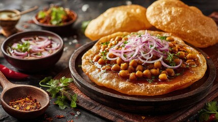 Vibrant Traditional Indian Food Chole Bhature steaming hot garnished with onions pickles and spices served on a rustic plate colorful background