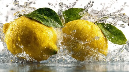 Bright yellow Yuzu splashing water in dynamic motion isolated on white photography aesthetic perfect for beverage advertising visuals
