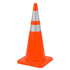 Orange traffic cone with reflective silver bands isolated on transparent background