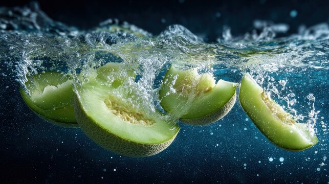 Green honeydew melon slices diving playfully into sparkling water creating ripples of joy
