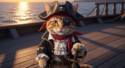 Captivating feline pirate portrait on deck bathed in sunset's golden light
