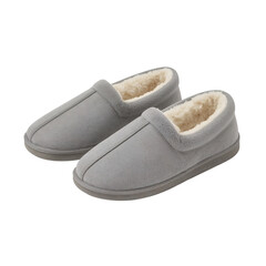 Cozy grey fleece slippers with warm sherpa lining, isolated on transparent background