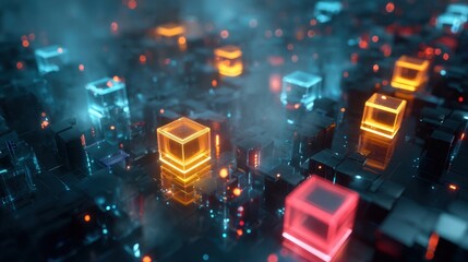 Fototapeta premium A computer generated image of a cityscape with many cubes of different colors. The cubes are lit up and appear to be glowing in the dark. Concept of technology and artificial intelligence