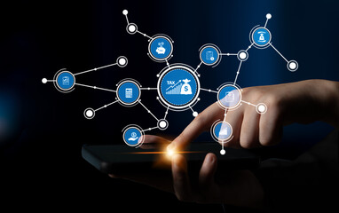 A user interacts with a smartphone displaying a network of icons related to tax management, finance, and digital services, showcasing modern technology. Tessel