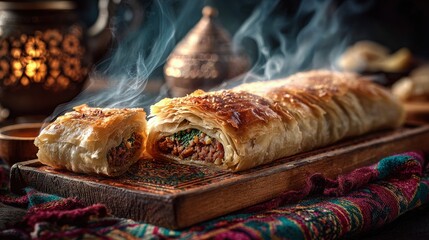 Warm freshly baked Traditional Turkish Food Börek sliced to reveal steaming meat filling on a traditional Turkish tray with patterned textiles