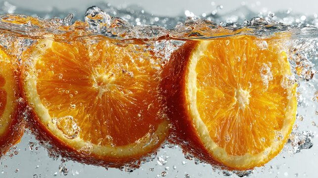 Juicy orange slices splashing water sparkling ripples vivid colors fresh citrus explosion clean composition isolated on white for imagery