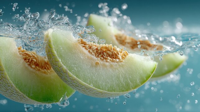 Delicate honeydew melon slices falling gracefully into tranquil water inviting hydration
