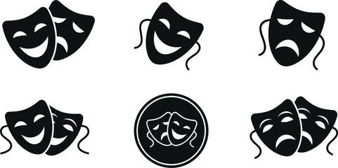Theatrical tragedy, humor clown mask vector illustration silhouette icons