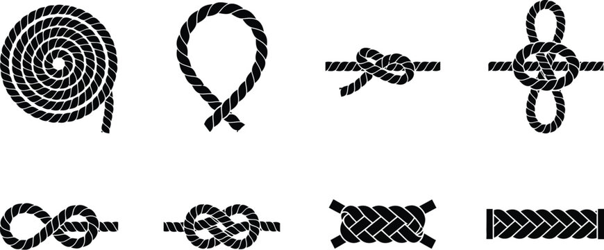 Clove hitch nautical knots, various rope elements and knots vector illustration. Rope knots, coiled rope, a Carrick bend knot, and a braided rope. Sailing knots ropes, sail knots tying ropes. 