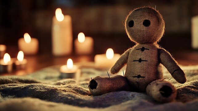 Voodoo doll surrounded by candles in a dark setting