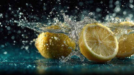 Dynamic splash of water with fresh lemon slices frozen motion dark moody background cinematic and intense lighting