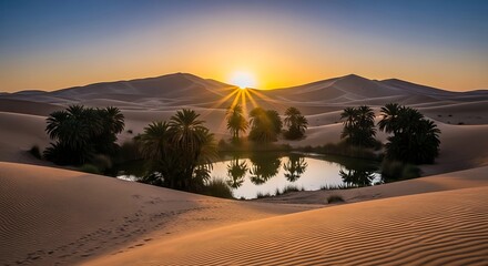 Spectacular sunrise over tranquil oasis reflects amidst the desert dunes