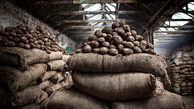 Storage of potatoes in a rustic agricultural setting highlighting natural textures and warm tones - Powered by Adobe