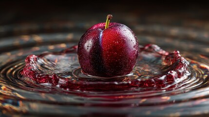 Slow motion capture of an Indian Prune splashing into a still pool creating perfect ripples natural sunlight hyper-realistic vibrant colors
