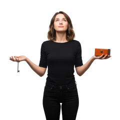 Woman holding a small box and a key isolated on transparent background