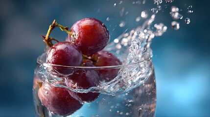 An artistic close-up of a grape splashing into a glass of water capturing the moment of impact refraction crisp and clean