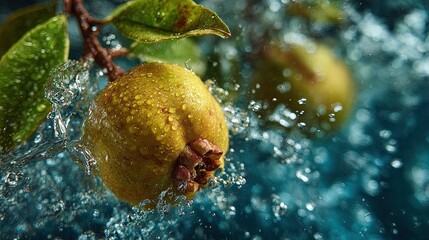 Sun-kissed quince dives gracefully into pristine waterfall basin producing exquisite sprays