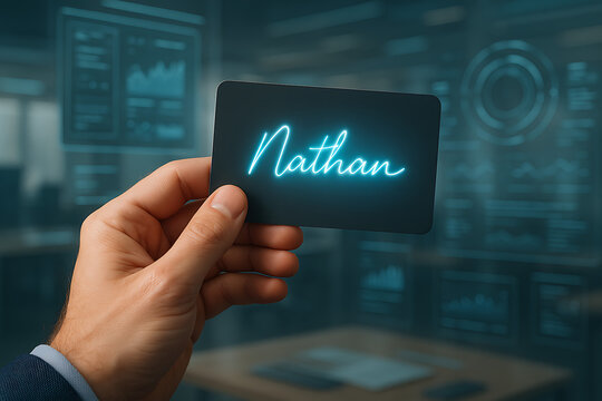 A Name in Hand: A close-up shot of a person's hand holding a glowing card inscribed with the name Nathan, set against a backdrop of a futuristic technological interface. 