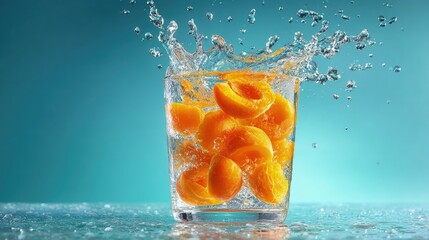 Fresh apricot slices splashing water in crystal clear glass high-speed photography vibrant colors commercial photo refreshing summer drink concept