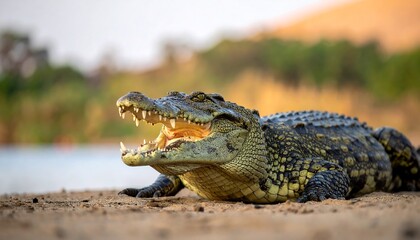 Fototapeta premium Croc on sandbank, mouth open