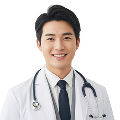 Smiling asian male doctor wearing white coat and stethoscope isolated on transparent background