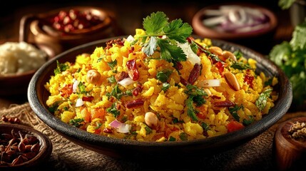 Vibrant Traditional Indian Food Poha colorful plate garnished with coriander peanuts rustic wooden table warm lighting authentic kitchen setting