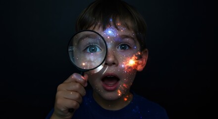 Boy with magnifying glass and projections of images of the universe on his face