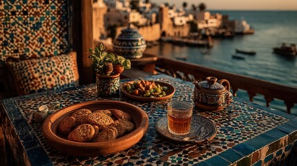 Vibrant Maghrebi Cuisine scene with golden chebakia and makrout intricately arranged on a colorful mosaic table warm desert sunset backdrop