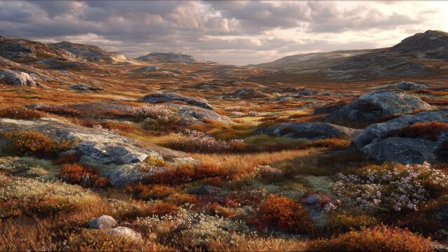 
Landscape formed by tundra, a biome characterized by low temperatures and vegetation composed of mosses, lichens, grasses and shrubs. - Powered by Adobe