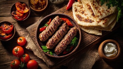 Overhead view of Traditional Turkish Food Köfte arranged with grilled tomatoes peppers and lavash on a wooden table inviting and appetizing