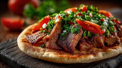 Close-up Traditional Turkish Food Dürüm juicy meat crisp vegetables soft flatbread garnished with herbs vibrant market setting appetizing texture